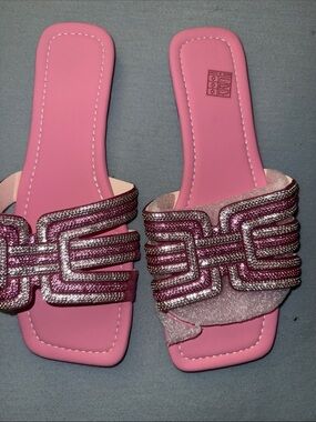 SHEIN Pink Glitter Strappy Slide Sandals with Metallic Accents
